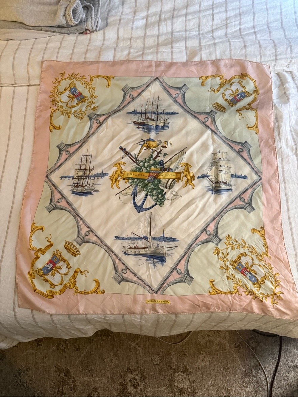 Hermes Silk Scarf in Pink, Cream and Gold Nautical Motif